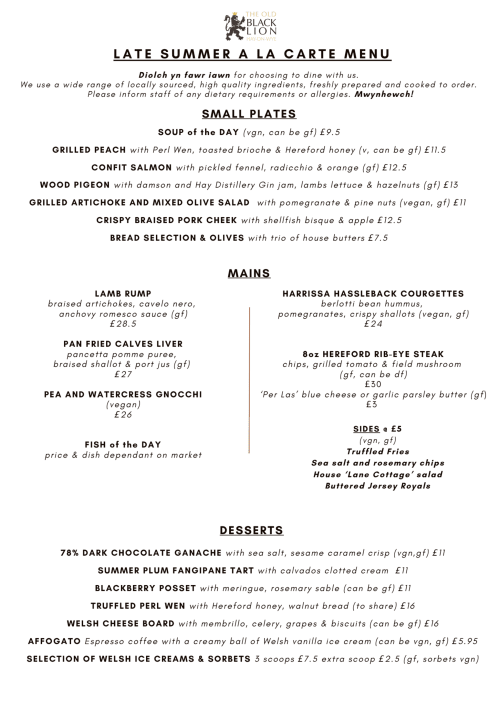 The Old Black Lion Late Summer A La Carte Menu featuring small plates, mains, sides and desserts in Hay-On-Wye