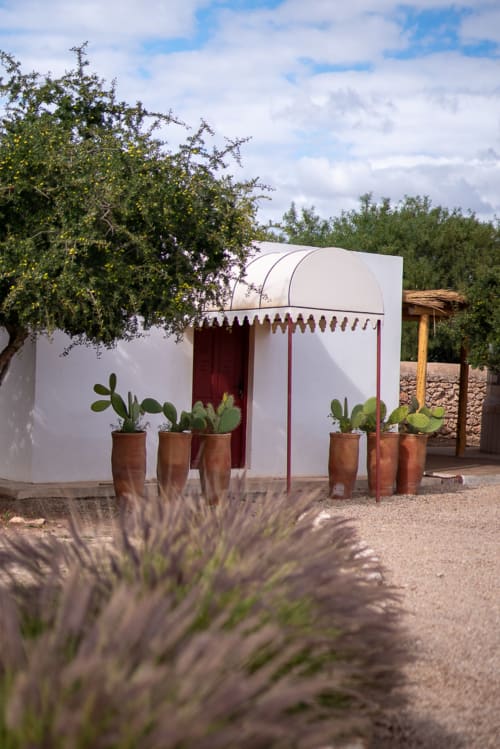 White Moroccan-style bungalow with terracotta potted cacti at Domaine Belhazar, Essaouira