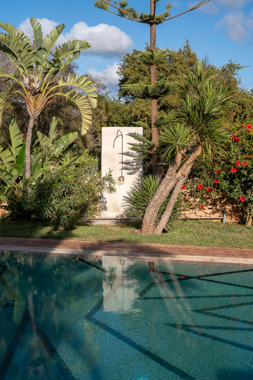 Tropical garden pool view at Domaine Belhazar in Essaouira with palm trees and red flowers