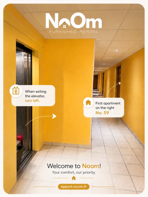Entrée de l'immeuble de location meublée Noom avec couloir jaune guidant les clients vers l'appartement 59