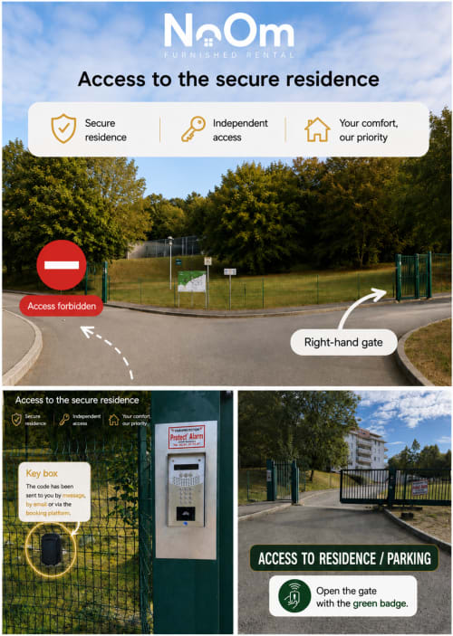 Guide d'accès sécurisé NoOm pour location meublée montrant boîte à clés, panneau d'alarme et instructions d'accès au portail pour les résidents