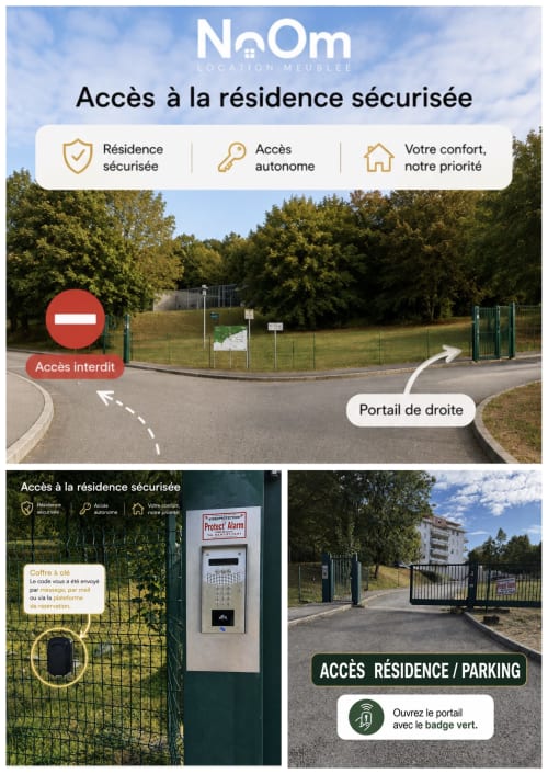 Guide d'accès sécurisé NoOm avec entrée par clavier, accès au portail et instructions de stationnement