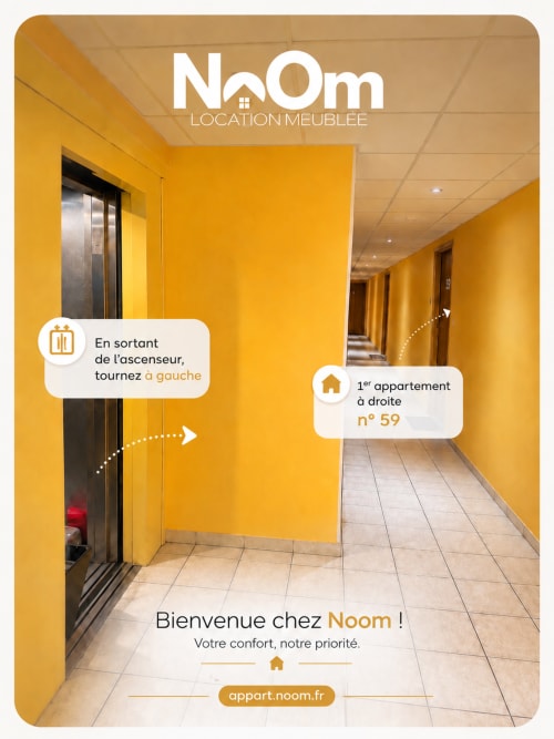 Couloir de location Noom aux murs jaunes, ascenseur et signalisation vers l'appartement 59 en France