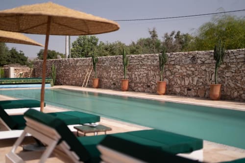 Espace piscine au Domaine Belhazar à Essaouira avec chaises longues, mur en pierre, cactus et parasol en paille