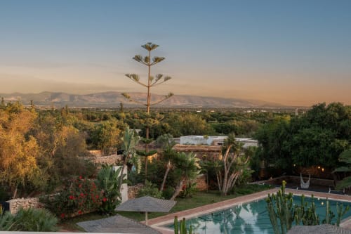Vue de la piscine au Domaine Belhazar avec palmiers, jardins marocains et chaîne de l'Atlas en arrière-plan à Essaouira