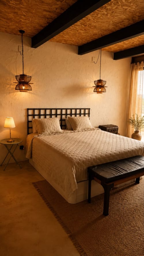 Warm rustic bedroom with exposed beams, cream walls, pendant lights, and comfortable bed at Finca Almenara De Copau, Zaragoza