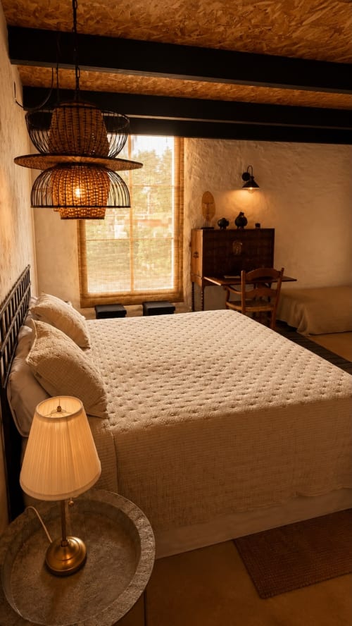Cálida habitación en la Finca Almenara De Copau con lámparas colgantes tejidas, ropa de cama color crema, vigas de madera y luz natural