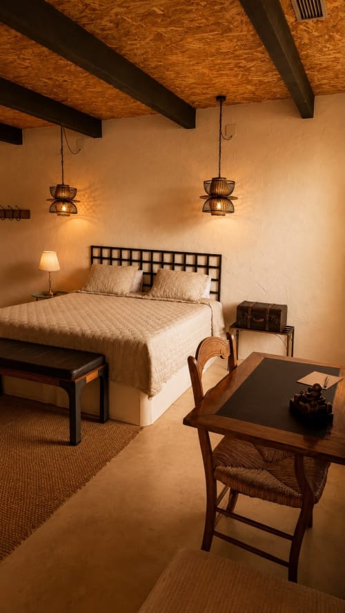 Warm bedroom at Finca Almenara De Copau in Zaragoza with bed, wooden beams, pendant lights and desk