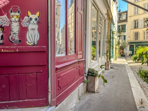Charming Montmartre street with burgundy storefront and winged cat mural, Paris apartment entrance