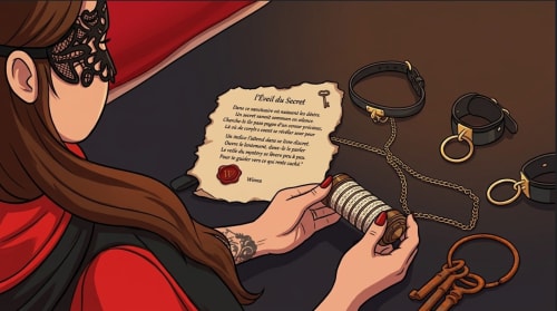 Femme portant un masque de bal lisant une note secrète à Les Secrets de Winna love room escape