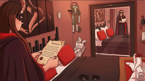 Woman reading love letter in romantic bedroom at Les Secrets de Winna love hotel in Nouvelle-Aquitaine