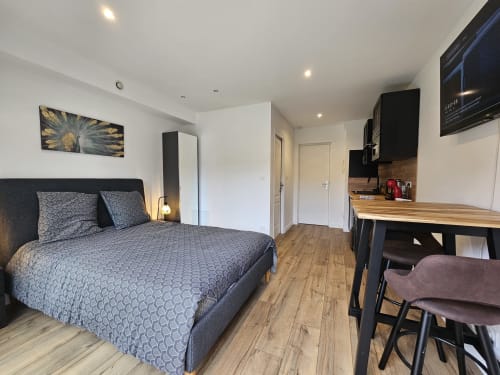 Appartement Studio Mirabeau 2 aux Lodges de Barbieux à Croix avec lit, kitchenette et vue sur jardin
