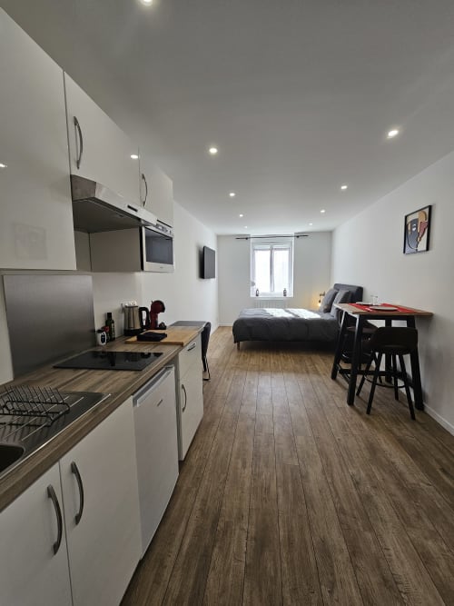 Studio Mirabeau 1 aux Lodges de Barbieux à Croix : kitchenette moderne, lit, coin repas, parquet
