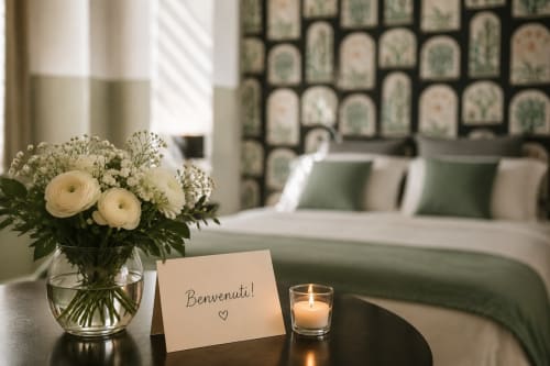 Welcome card on table with flowers and candle in Rome B&B bedroom