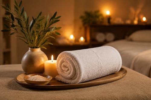 Relaxing spa setup at Roma B&B with rolled towel, candles, sea salt, and greenery on wooden tray