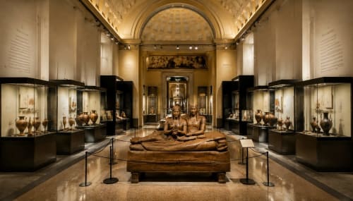 Galleria del museo egizio antico a Roma con sarcofago e esposizioni di artefatti