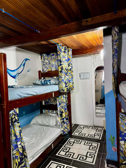 Dormitório colorido com arte de baleia azul, beliches com cortinas estampadas no Hostel New Ipanema, Rio de Janeiro
