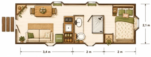 Plan du studio de la Maison d'hôtes Les Gravets à Sigalens avec séjour, cuisine, salle de bain et chambre.