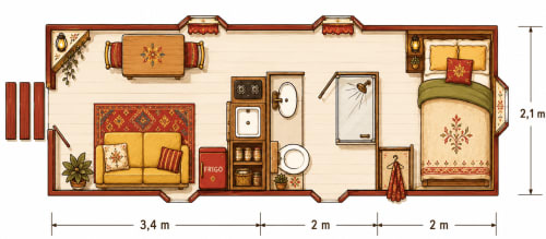 Floor plan of a cozy studio at Maison d'hôtes Les Gravets in Sigalens featuring bedroom, living area, kitchenette and