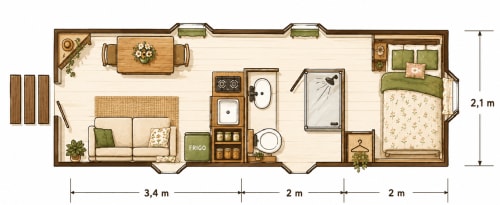 Plano de estudio acogedor en Maison d'hôtes Les Gravets, Sigalens con dormitorio, cocina, baño y sala de estar