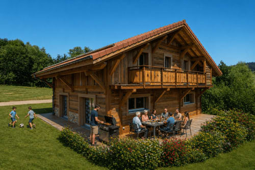 Chalet rustique en bois avec clients dînant en terrasse, enfants jouant, entourés d'un jardin et de prairies verdoyantes à Gérardmer