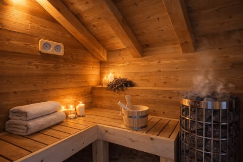 Intérieur de sauna en bois avec pierres chauffantes, serviettes, bougies et seau du Chalet Le Cœur de Marie, Gérardmer