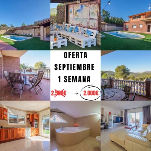 Masías Can Trabal hotel rural: piscina, terraza, salón patio, cocina, jacuzzi. Oferta septiembre 2.000€/semana.