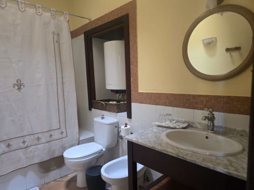 Baño de la Suite Pomarosa en Hotel Rural la Raya 1866, Güímar, Tenerife con lavabo, inodoro y ducha