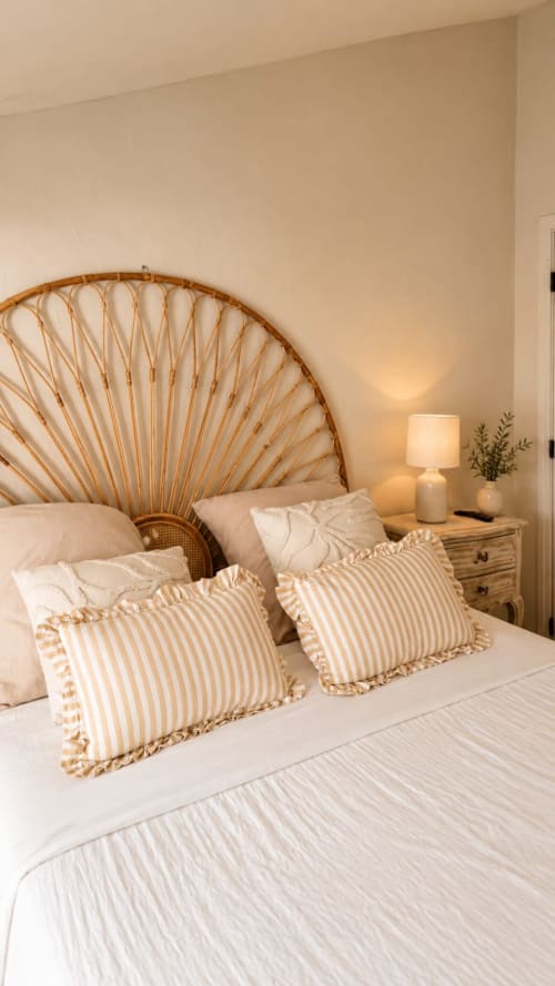 Chambre Mas Manon à Cavaillon avec tête de lit en rotin paon, oreillers rayés et lampe de chevet
