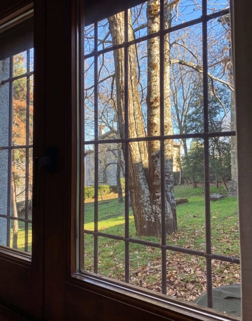 Vista del jardín desde el apartamento Cerezo en El Aserradero, La Alberca, mostrando árboles frondosos y césped verde a través de la ventana