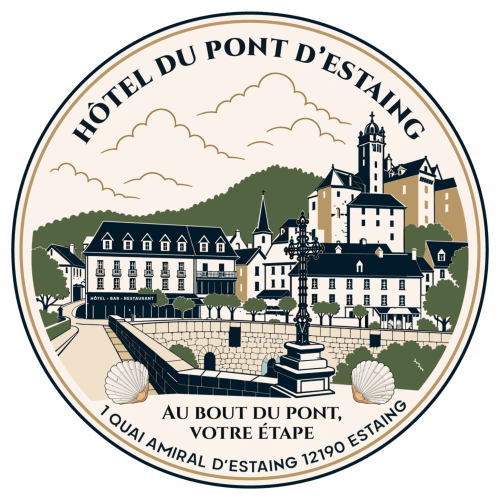 Emblème de l'Hôtel du Pont d'Estaing avec architecture de château médiéval à Estaing, France