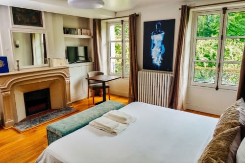 Dormitorio elegante en Villa Raspail B&B en Ivry-sur-Seine con chimenea, vistas al jardín y comodidades modernas