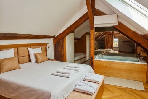 Lujosa habitación en ático de Villa Raspail B&B en Ivry sur Seine con vigas vistas, cama king y baño en suite con jacuzzi