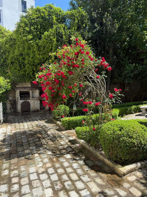 Exuberante patio jardín en Villa Raspail con vibrantes rosas trepadoras rojas en enrejado, setos podados y terraza de piedra