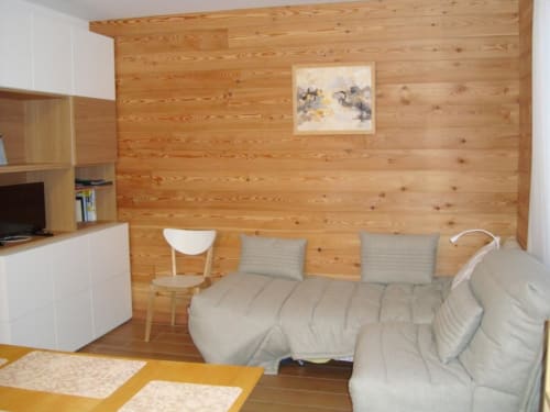 Studio chaleureux à Varsea, Vars avec murs en bois, lit, kitchenette et bureau de travail