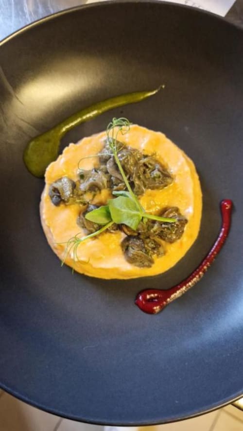 Plat raffiné au Perroquet Bleu : poivron jaune farci de champignons sautés, garni de microherbes et
