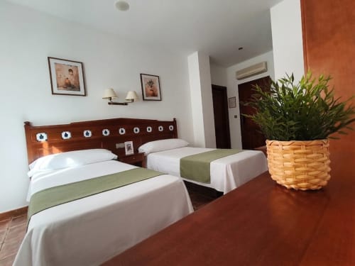 Bright double bedroom at Hospedería Puerta a los Cahorros in Monachil with twin beds, wooden headboard, and potted plant