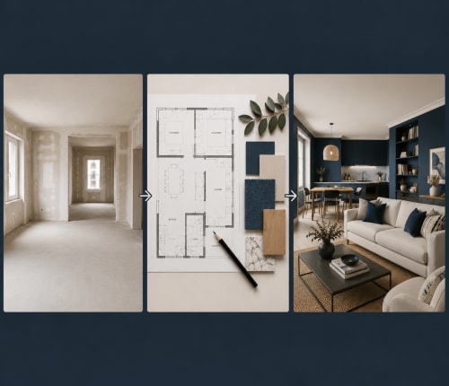 Interior design transformation: Luxembourg apartment from raw construction to furnished living room with navy walls and
