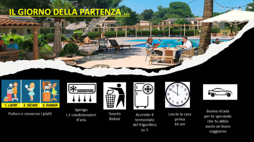 Zone piscine de l'hôtel Alma Rossa à Lecci avec liste de départ : vaisselle, climatisation éteinte, poubelle vidée, thermostat