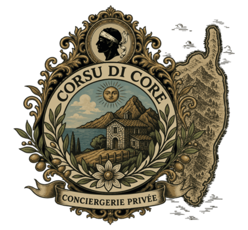 Emblème de l'hôtel de luxe Corsu Di Core présentant le paysage montagneux corse et l'architecture traditionnelle de Favone