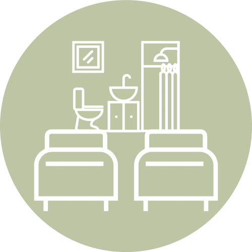 Icono de amenidades de baño y dormitorio del Hostal Zaragoza Centro con inodoro, lavamanos, ducha y camas