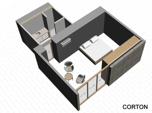 3D floor plan of Suite Junior Corton at Villa Annette Cassis, showing bedroom, bathroom, living area