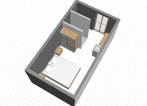 3D floor plan of Chambre Spa at Villa Annette Cassis, showing bed, bathroom, and storage with sea view orientation