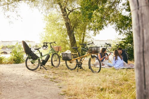Des cyclistes se détendent près de leurs vélos sous les arbres près du Château Haute Roche à Oudon, France, avec vue sur la vallée.