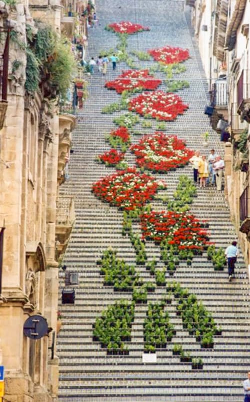 The famous Spanish Steps in Caltagirone decorated with red flowers and green plants, view from Il sogno apartment at I colori