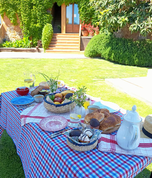 Table de petit-déjeuner en plein air dressée sur la pelouse du jardin d'Apartmentos Rectoria en Costa Brava, avec viennoiseries, fruits frais et jus