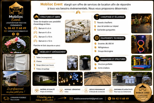 Flyer de services de location d'événements Mobiloc présentant structures, chauffage, équipements et animations pour Morville le Héron