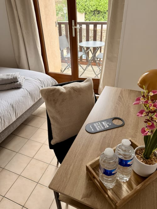 Chambre confortable à l'Hôtel le tilleul avec balcon, bouteilles d'eau, orchidée en pot et lit garni de coussins
