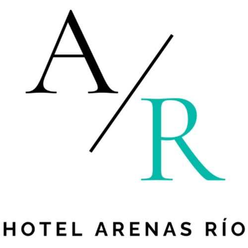 Logotipo del Hotel Arenas Rio con diseño geométrico de triángulo y letra R en azul verdoso y negro