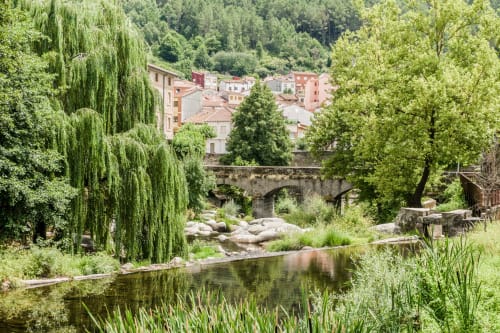 Vista del río con puente de piedra histórico, exuberante vegetación y casas coloridas del pueblo de Arenas de San Pedro